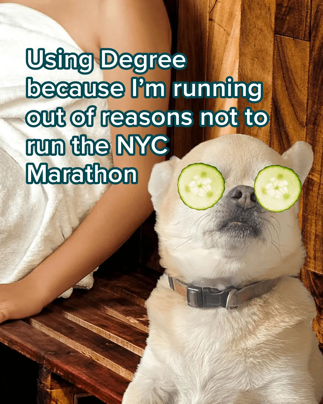 A small dog sits with cucumber slices on its eyes. Text on the image says, Using Degree because I’m running out of reasons not to run the NYC Marathon.